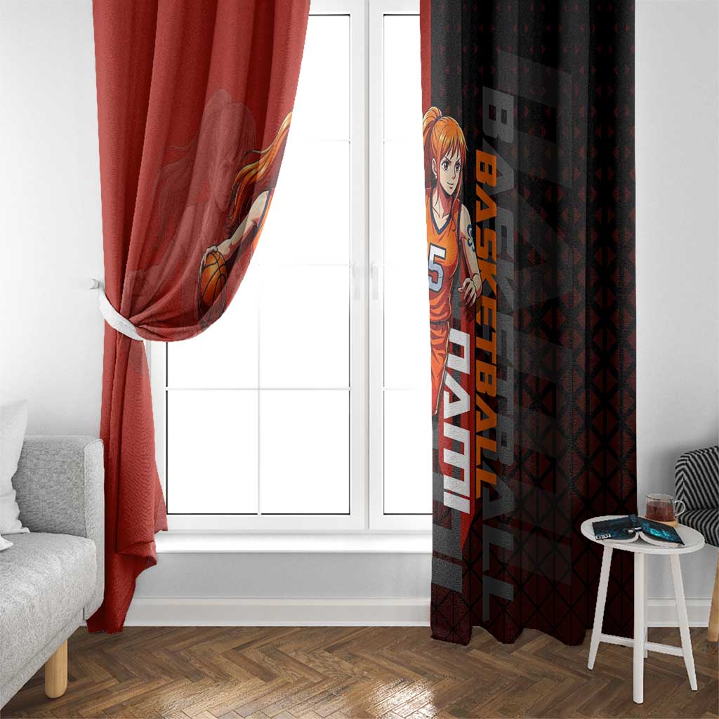 Nami One Piece Basketball Theme Red and Black Design Window Curtain with Action Pose and Straw Hat Logo - The Mazicc