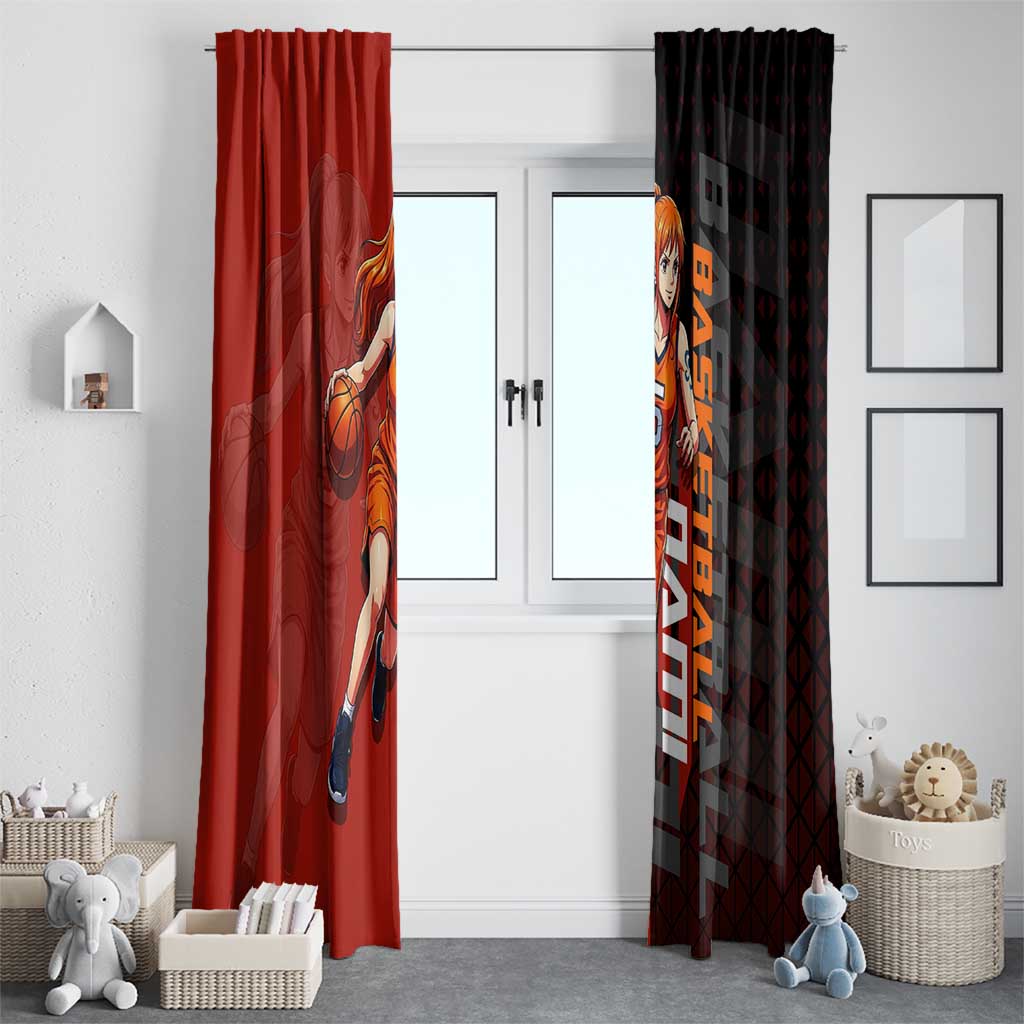 Nami One Piece Basketball Theme Red and Black Design Window Curtain with Action Pose and Straw Hat Logo - The Mazicc