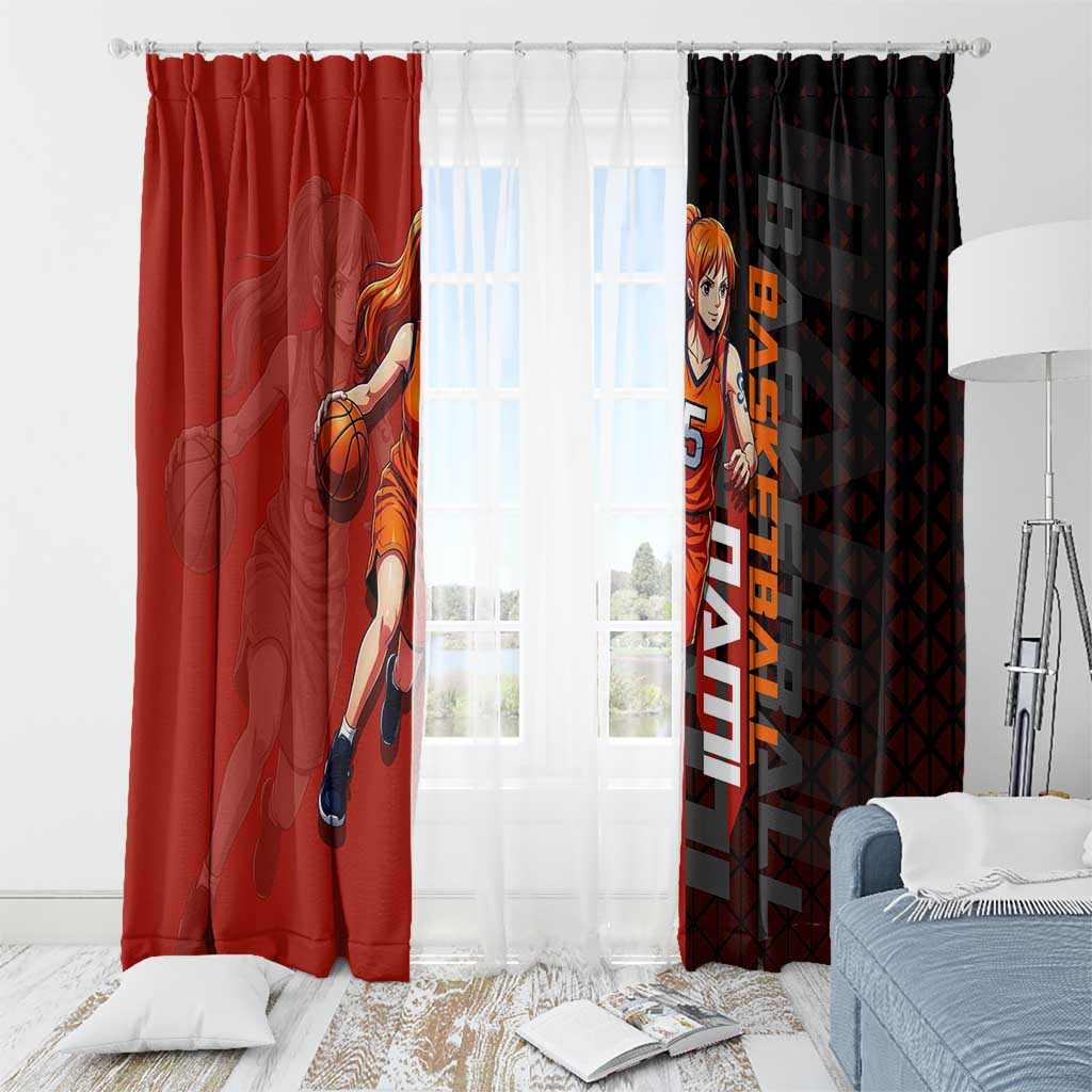 Nami One Piece Basketball Theme Red and Black Design Window Curtain with Action Pose and Straw Hat Logo - The Mazicc