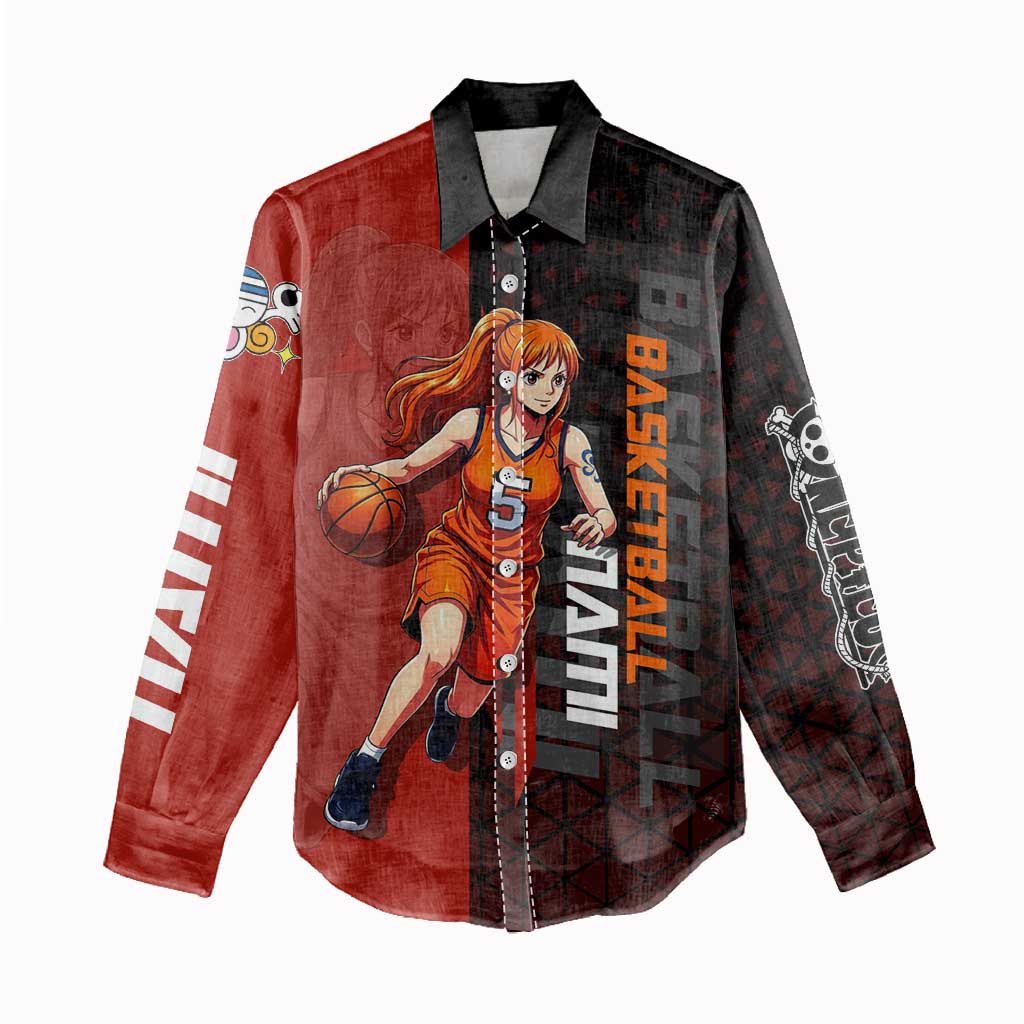 Nami One Piece Basketball Theme Red and Black Design Women Casual Shirt with Action Pose and Straw Hat Logo - The Mazicc