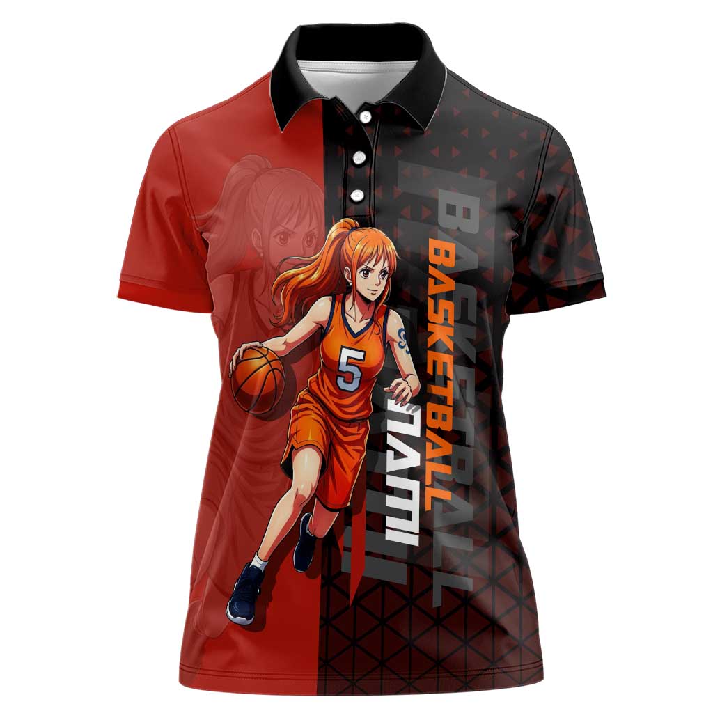 Nami One Piece Basketball Theme Red and Black Design Women Polo Shirt with Action Pose and Straw Hat Logo - The Mazicc