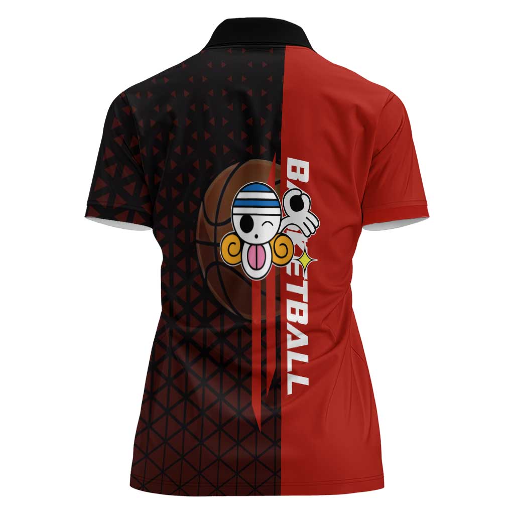 Nami One Piece Basketball Theme Red and Black Design Women Polo Shirt with Action Pose and Straw Hat Logo - The Mazicc