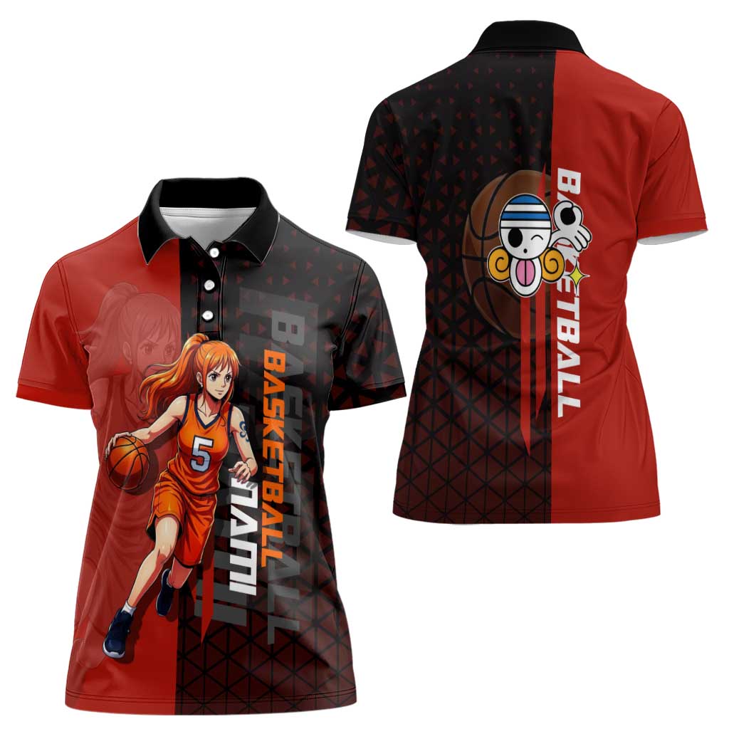 Nami One Piece Basketball Theme Red and Black Design Women Polo Shirt with Action Pose and Straw Hat Logo - The Mazicc