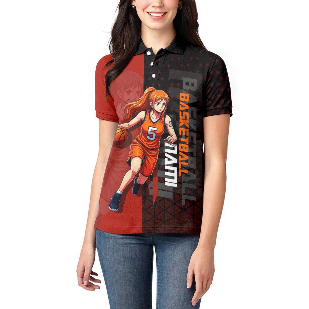 Nami One Piece Basketball Theme Red and Black Design Women Polo Shirt with Action Pose and Straw Hat Logo - The Mazicc