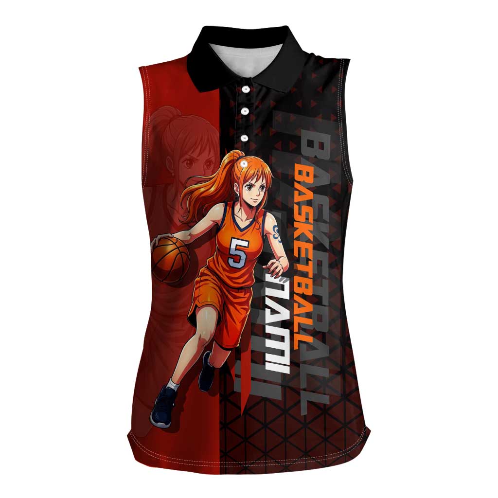 Nami One Piece Basketball Theme Red and Black Design Women Sleeveless Polo Shirt with Action Pose and Straw Hat Logo - The Mazicc