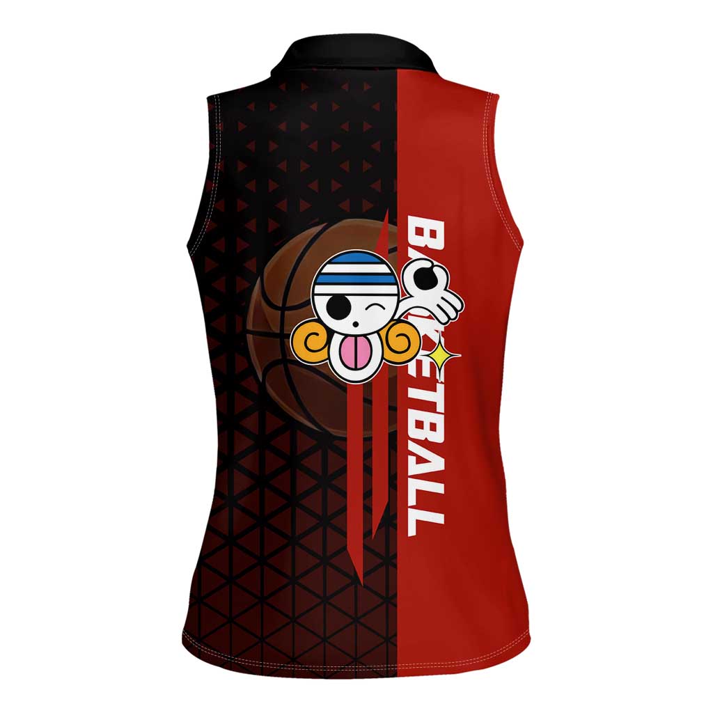 Nami One Piece Basketball Theme Red and Black Design Women Sleeveless Polo Shirt with Action Pose and Straw Hat Logo - The Mazicc