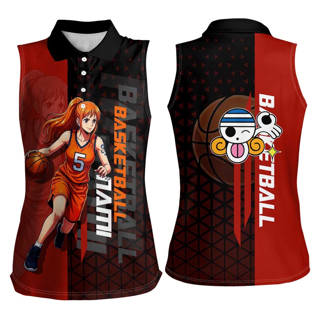 Nami One Piece Basketball Theme Red and Black Design Women Sleeveless Polo Shirt with Action Pose and Straw Hat Logo - The Mazicc