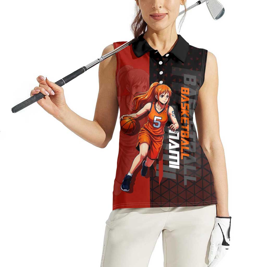 Nami One Piece Basketball Theme Red and Black Design Women Sleeveless Polo Shirt with Action Pose and Straw Hat Logo - The Mazicc