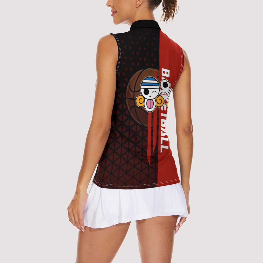 Nami One Piece Basketball Theme Red and Black Design Women Sleeveless Polo Shirt with Action Pose and Straw Hat Logo - The Mazicc
