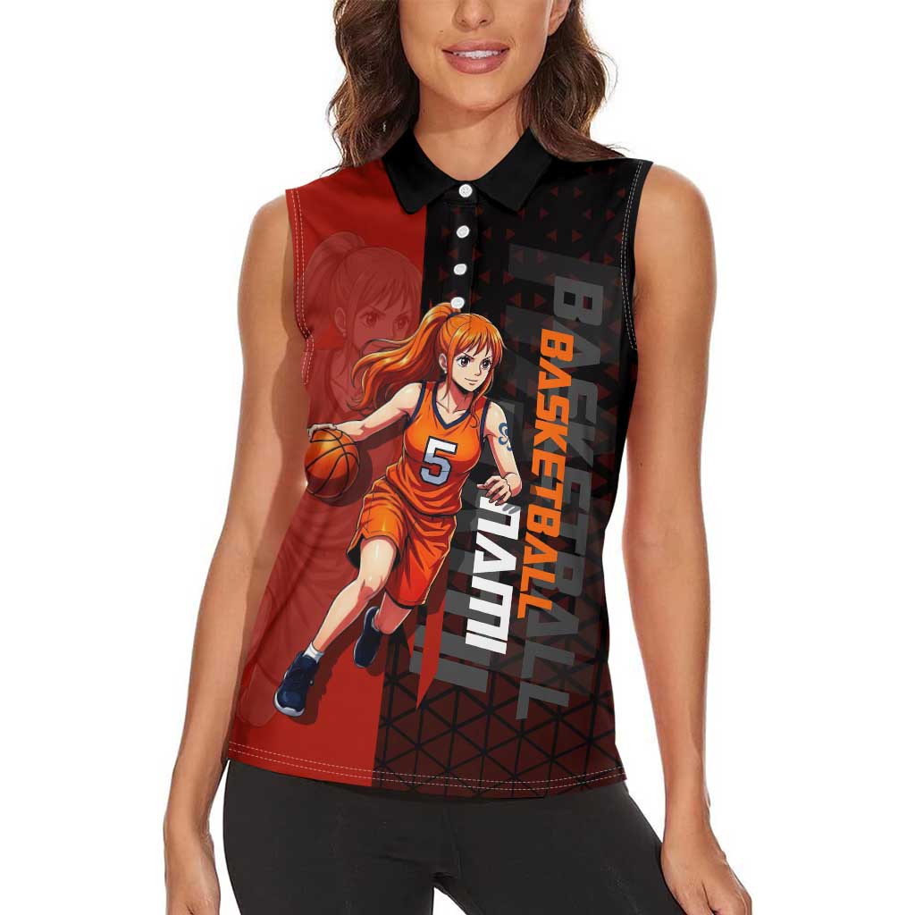 Nami One Piece Basketball Theme Red and Black Design Women Sleeveless Polo Shirt with Action Pose and Straw Hat Logo - The Mazicc