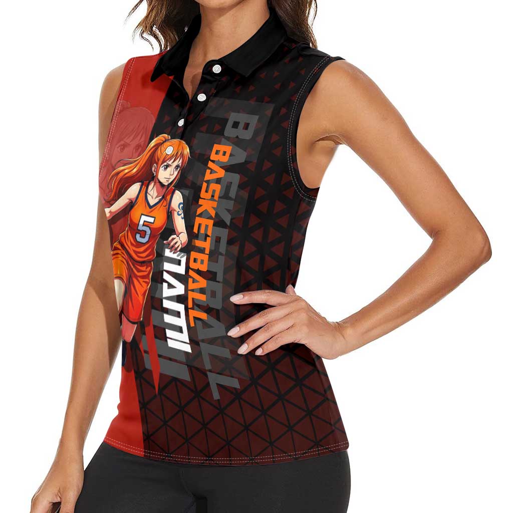 Nami One Piece Basketball Theme Red and Black Design Women Sleeveless Polo Shirt with Action Pose and Straw Hat Logo - The Mazicc