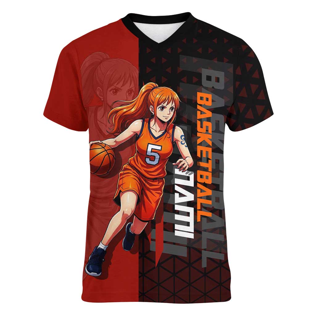 Nami One Piece Basketball Theme Red and Black Design Women V-Neck T-Shirt with Action Pose and Straw Hat Logo - The Mazicc