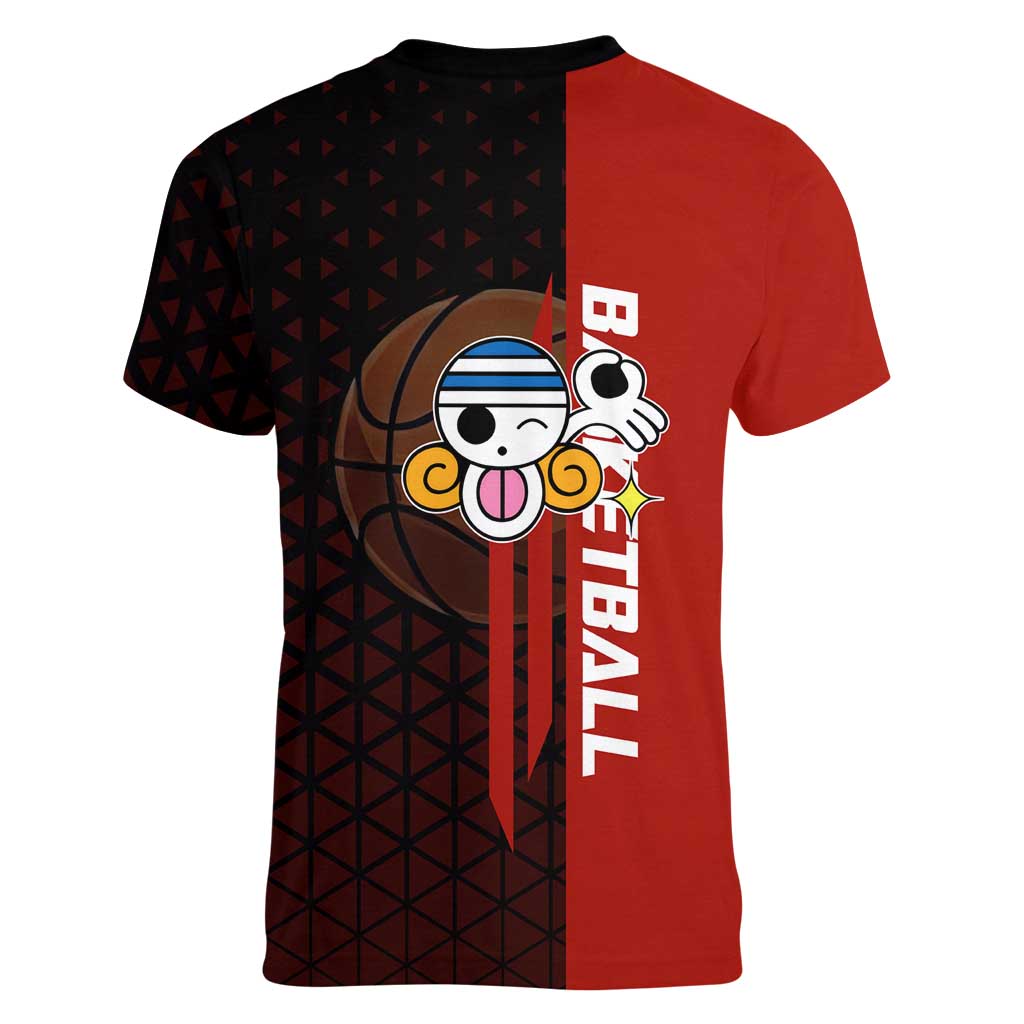 Nami One Piece Basketball Theme Red and Black Design Women V-Neck T-Shirt with Action Pose and Straw Hat Logo - The Mazicc