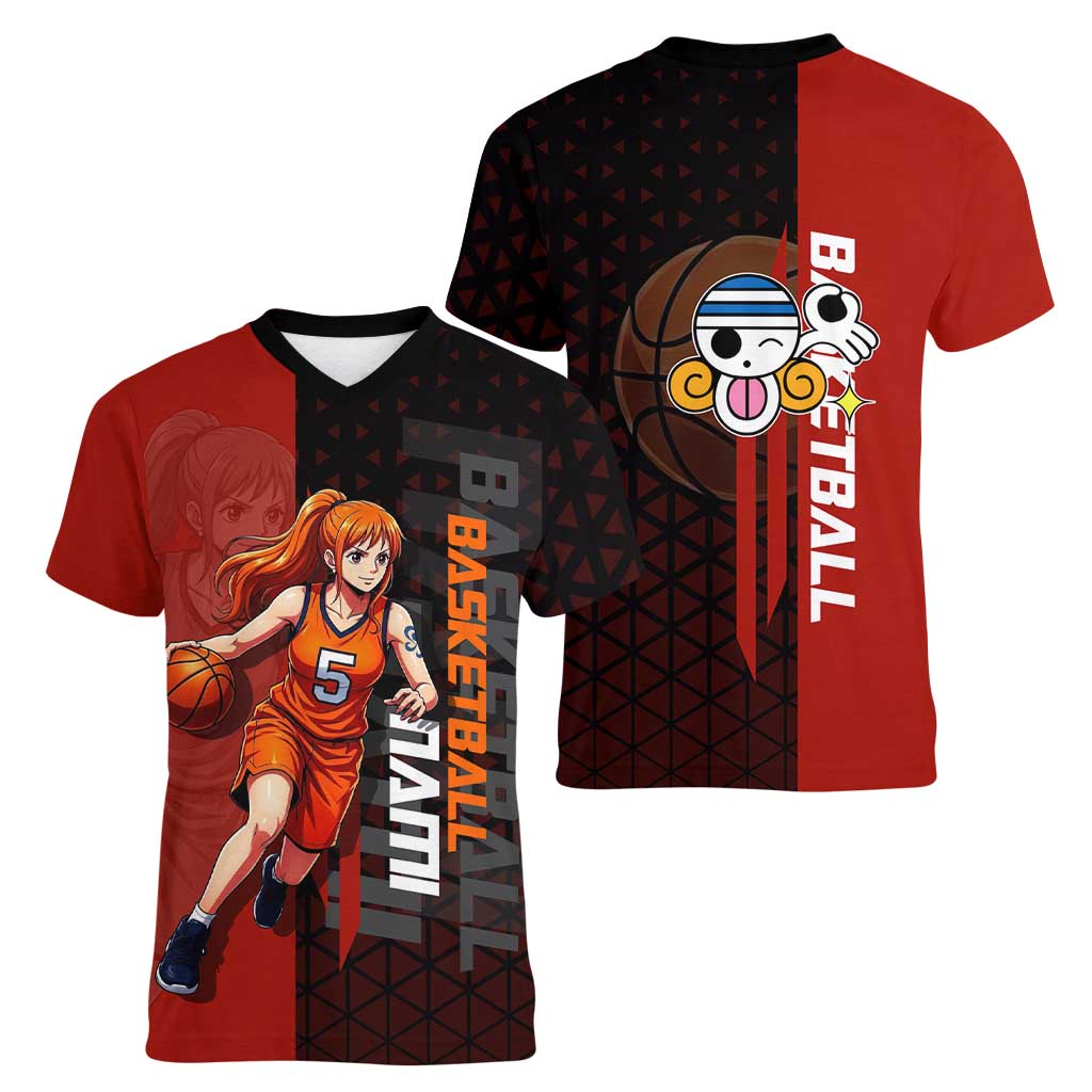 Nami One Piece Basketball Theme Red and Black Design Women V-Neck T-Shirt with Action Pose and Straw Hat Logo - The Mazicc