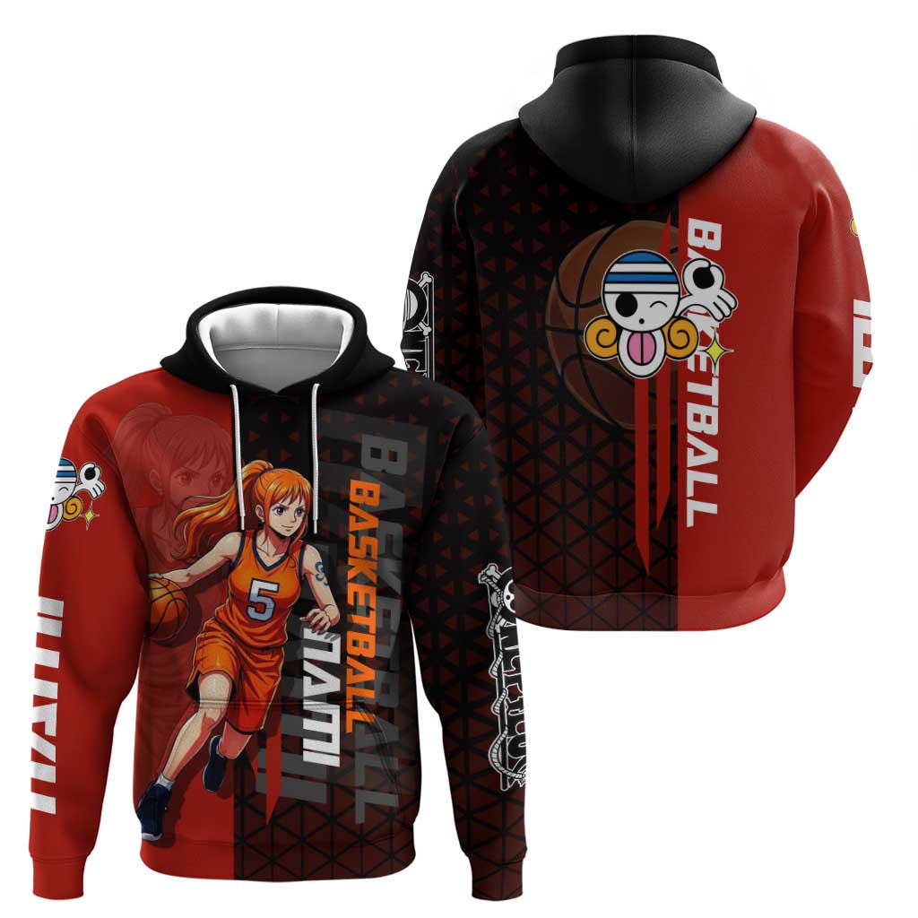 Nami One Piece Basketball Theme Red and Black Design Zip Hoodie with Action Pose and Straw Hat Logo - The Mazicc