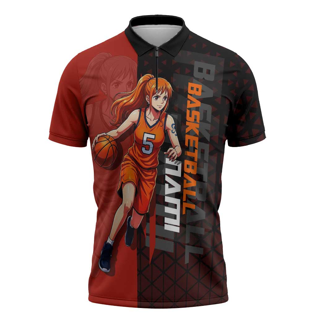 Nami One Piece Basketball Theme Red and Black Design Zipper Polo Shirt with Action Pose and Straw Hat Logo - The Mazicc
