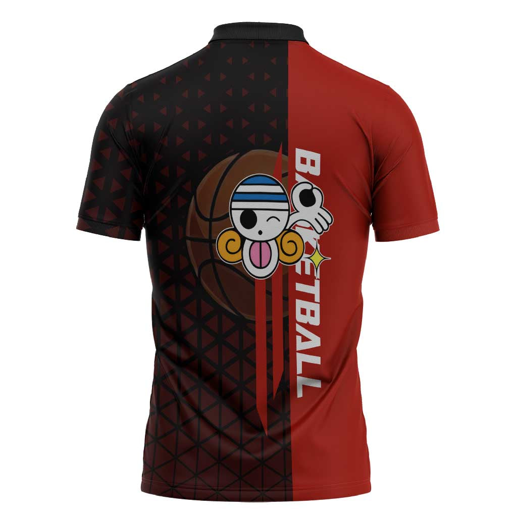 Nami One Piece Basketball Theme Red and Black Design Zipper Polo Shirt with Action Pose and Straw Hat Logo - The Mazicc