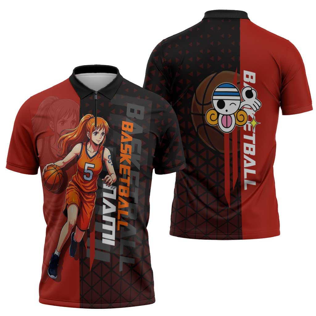 Nami One Piece Basketball Theme Red and Black Design Zipper Polo Shirt with Action Pose and Straw Hat Logo - The Mazicc