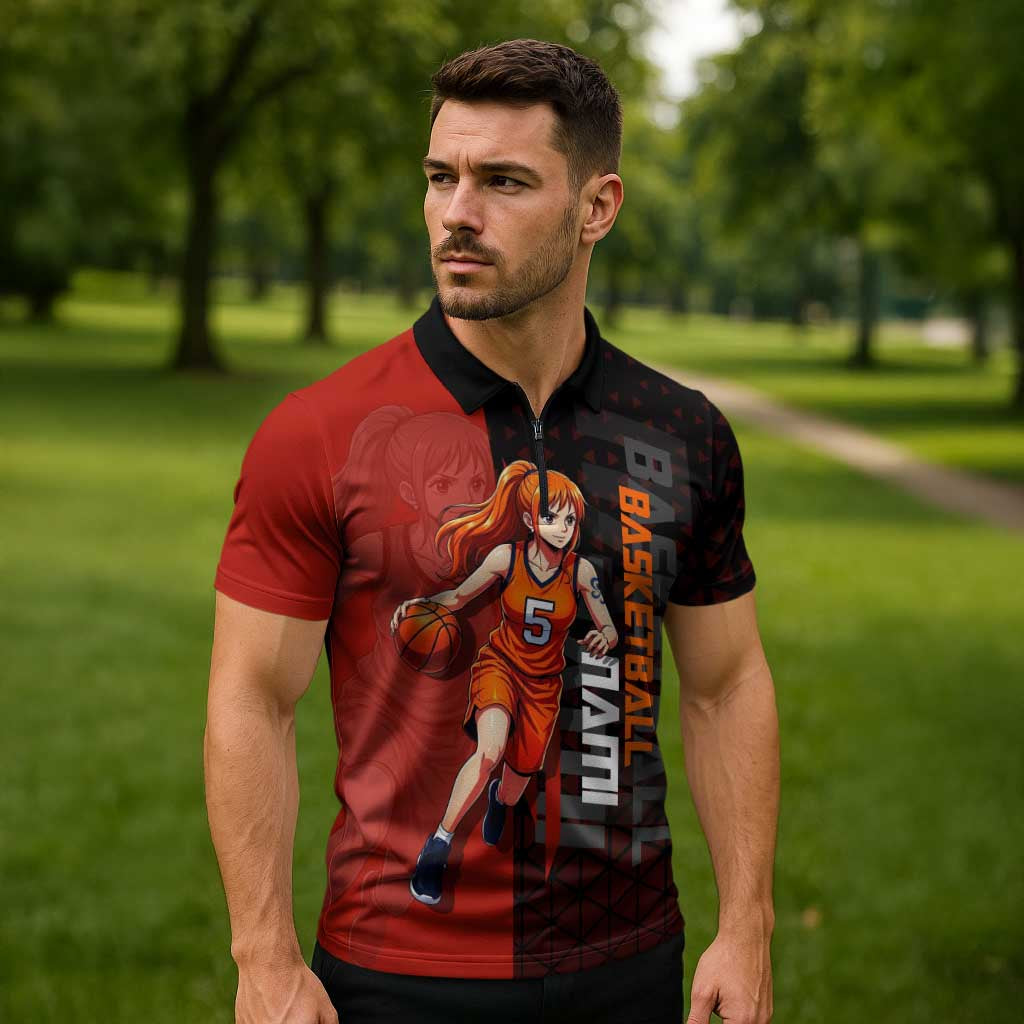 Nami One Piece Basketball Theme Red and Black Design Zipper Polo Shirt with Action Pose and Straw Hat Logo - The Mazicc