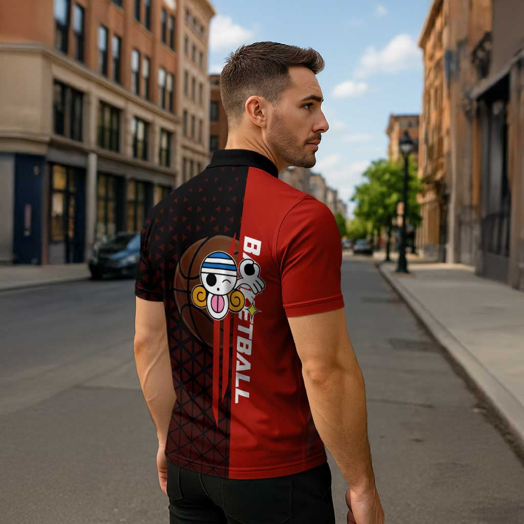 Nami One Piece Basketball Theme Red and Black Design Zipper Polo Shirt with Action Pose and Straw Hat Logo - The Mazicc