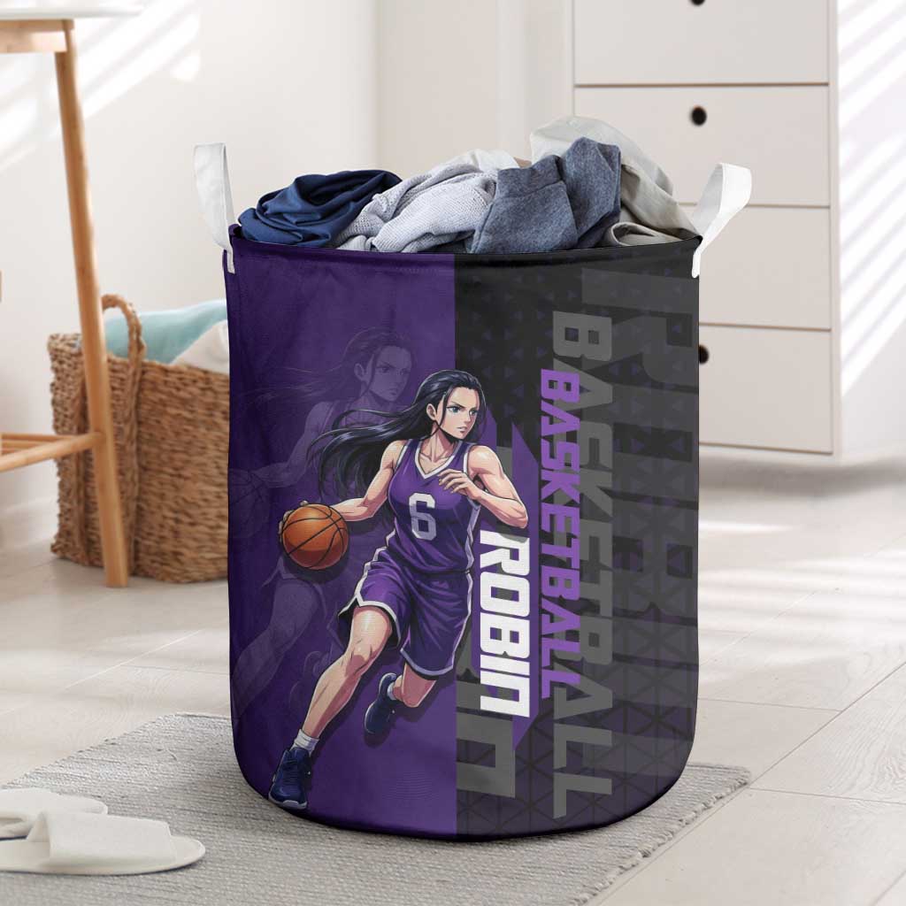 Nico Robin One Piece Basketball Theme Purple and Black Design Laundry Basket with Action Pose and Crew Emblem - The Mazicc