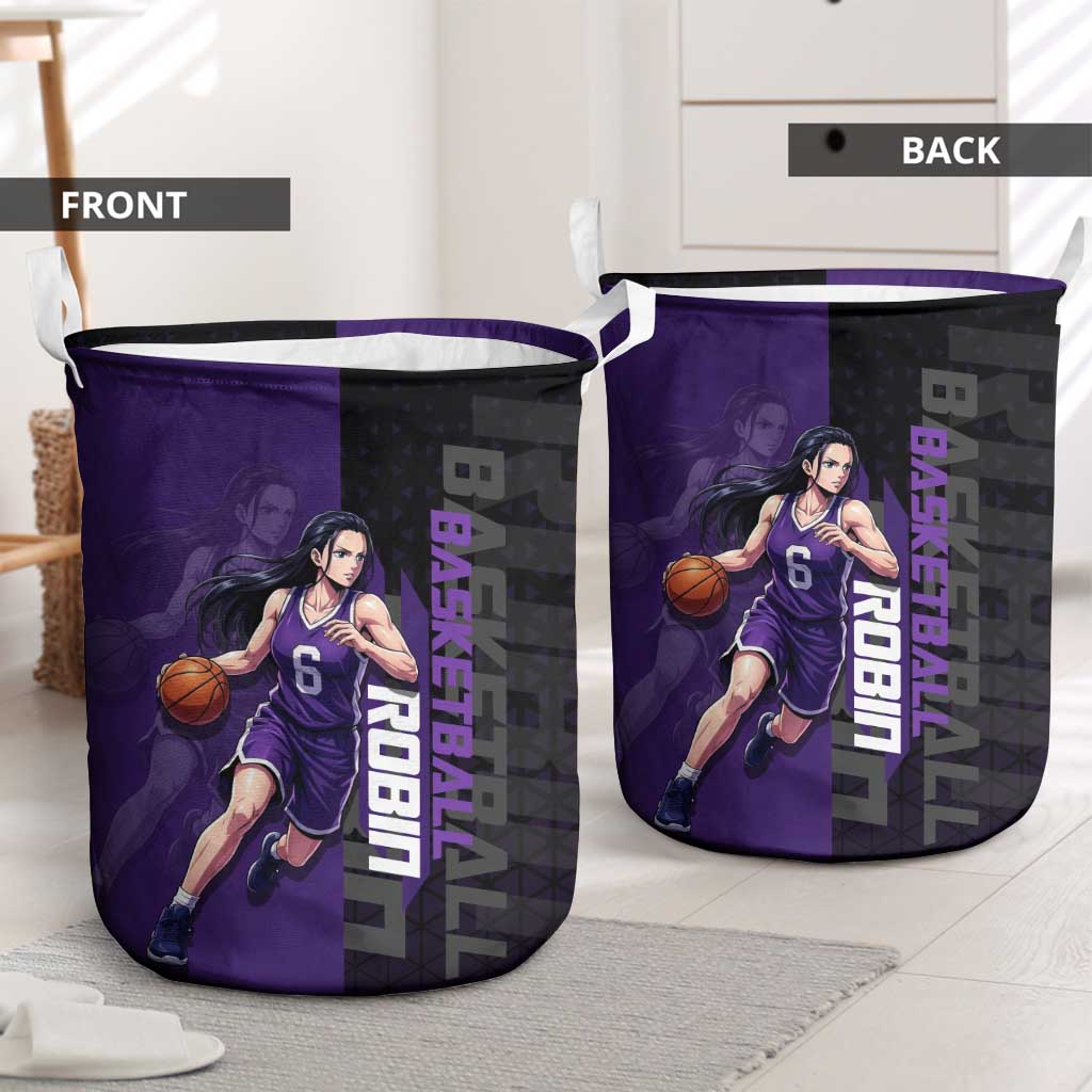 Nico Robin One Piece Basketball Theme Purple and Black Design Laundry Basket with Action Pose and Crew Emblem - The Mazicc