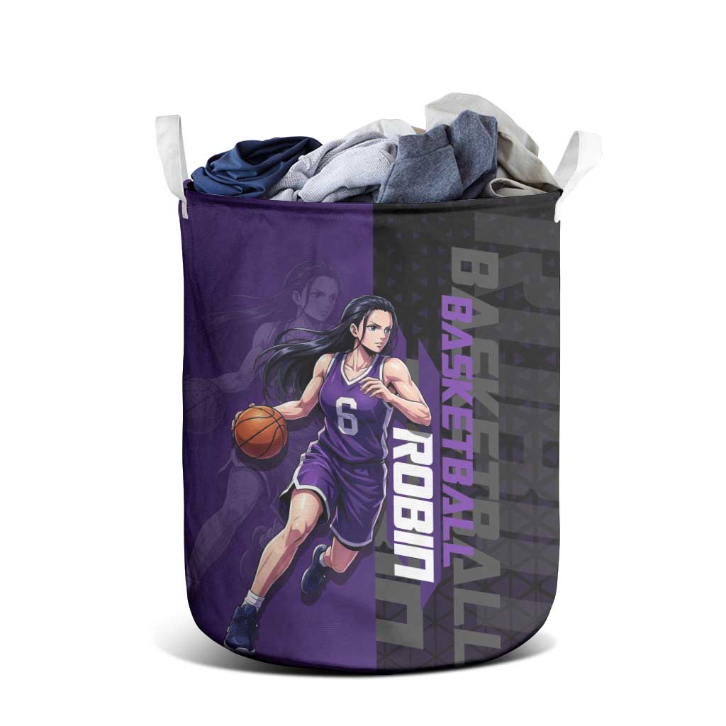 Nico Robin One Piece Basketball Theme Purple and Black Design Laundry Basket with Action Pose and Crew Emblem - The Mazicc