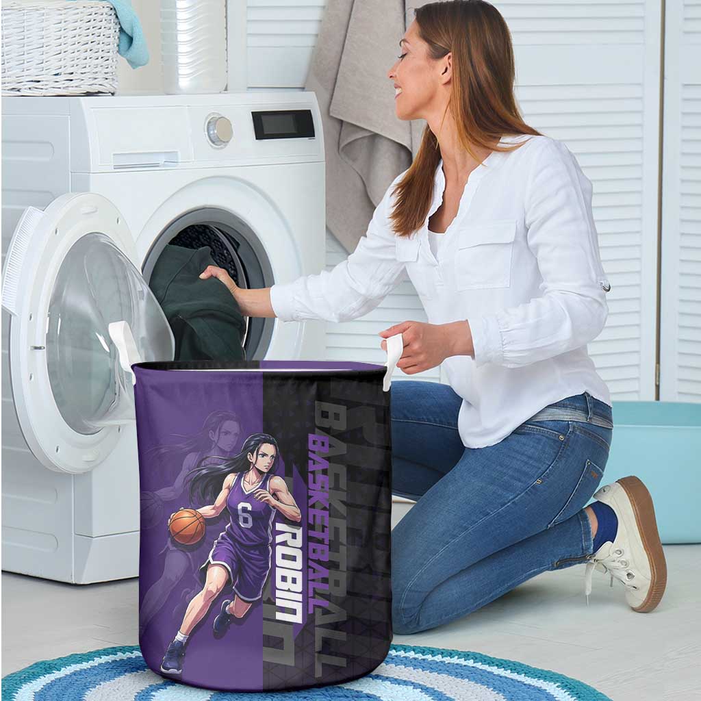 Nico Robin One Piece Basketball Theme Purple and Black Design Laundry Basket with Action Pose and Crew Emblem - The Mazicc