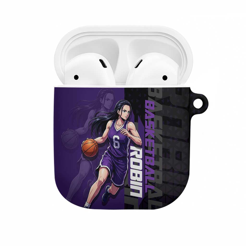 Nico Robin One Piece Basketball Theme Purple and Black Design AirPods Case with Action Pose and Crew Emblem - The Mazicc