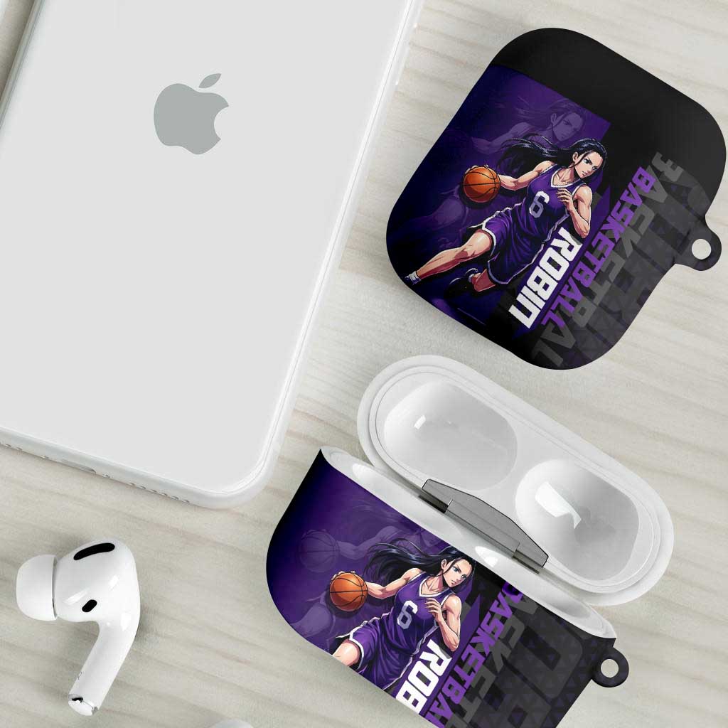 Nico Robin One Piece Basketball Theme Purple and Black Design AirPods Case with Action Pose and Crew Emblem - The Mazicc