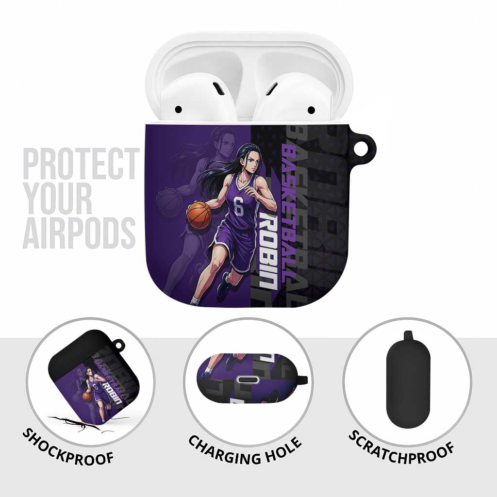 Nico Robin One Piece Basketball Theme Purple and Black Design AirPods Case with Action Pose and Crew Emblem - The Mazicc