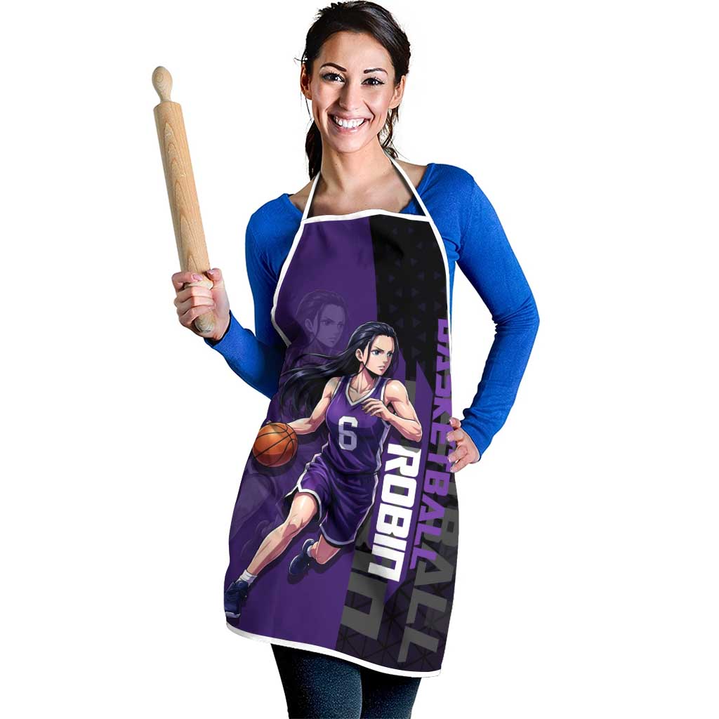 Nico Robin One Piece Basketball Theme Purple and Black Design Apron with Action Pose and Crew Emblem - The Mazicc