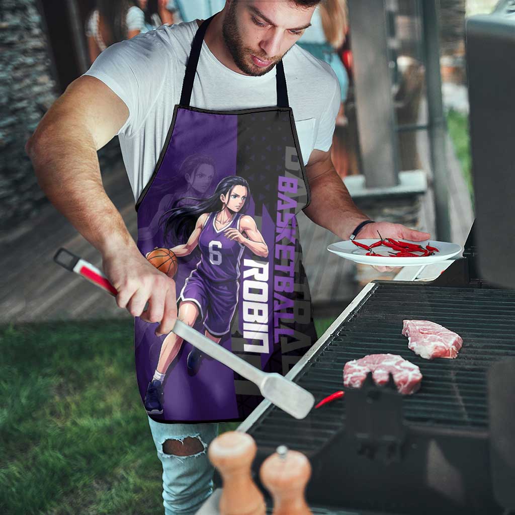 Nico Robin One Piece Basketball Theme Purple and Black Design Apron with Action Pose and Crew Emblem - The Mazicc