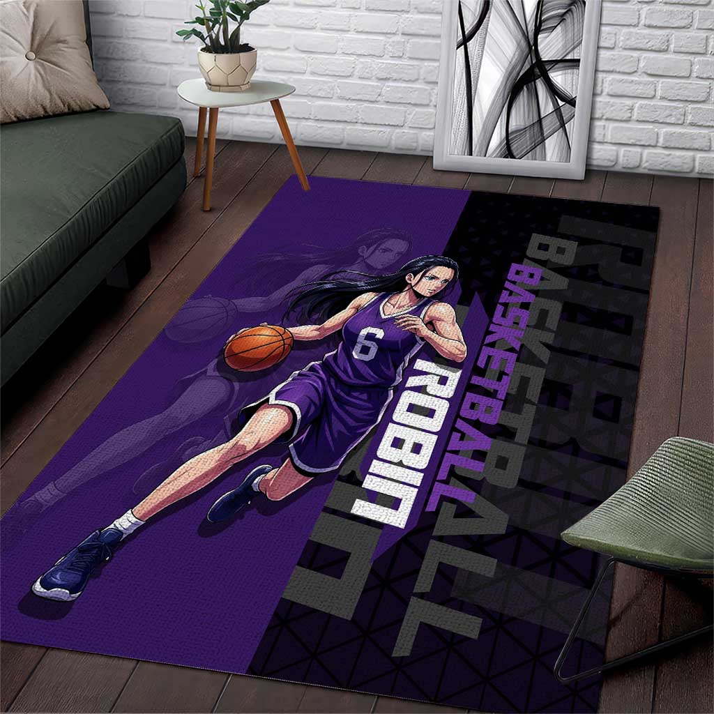 Nico Robin One Piece Basketball Theme Purple and Black Design Area Rug with Action Pose and Crew Emblem - The Mazicc
