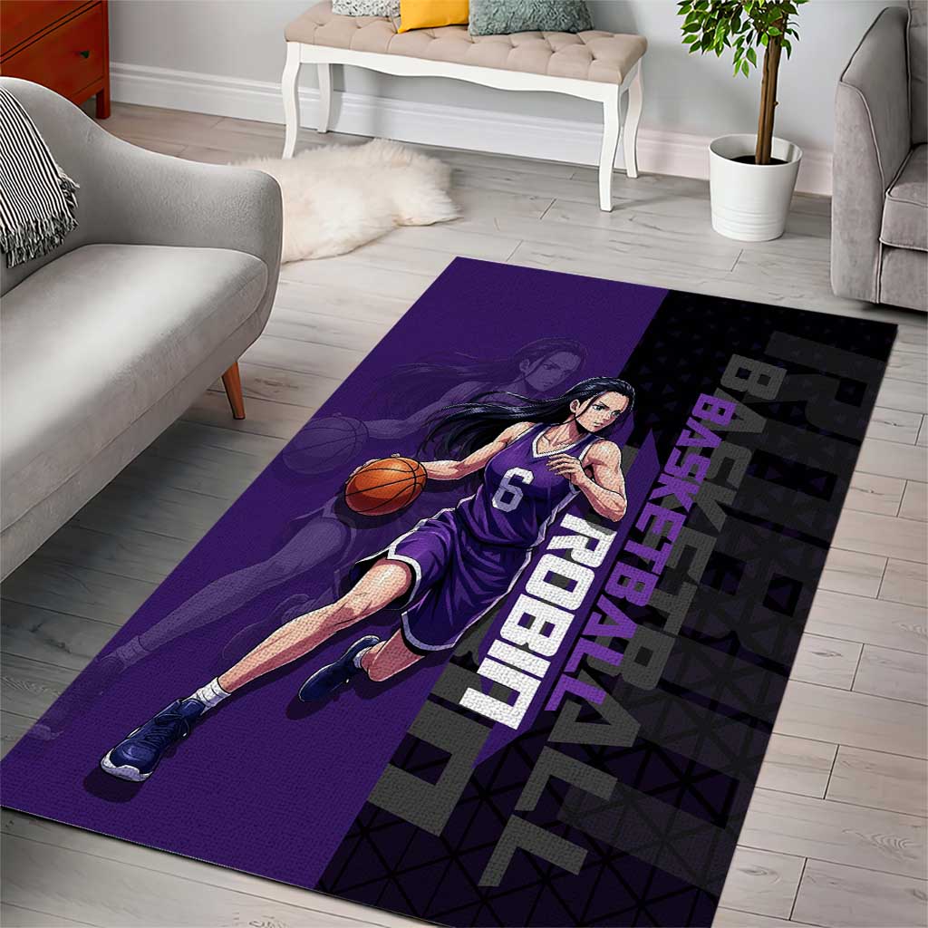 Nico Robin One Piece Basketball Theme Purple and Black Design Area Rug with Action Pose and Crew Emblem - The Mazicc
