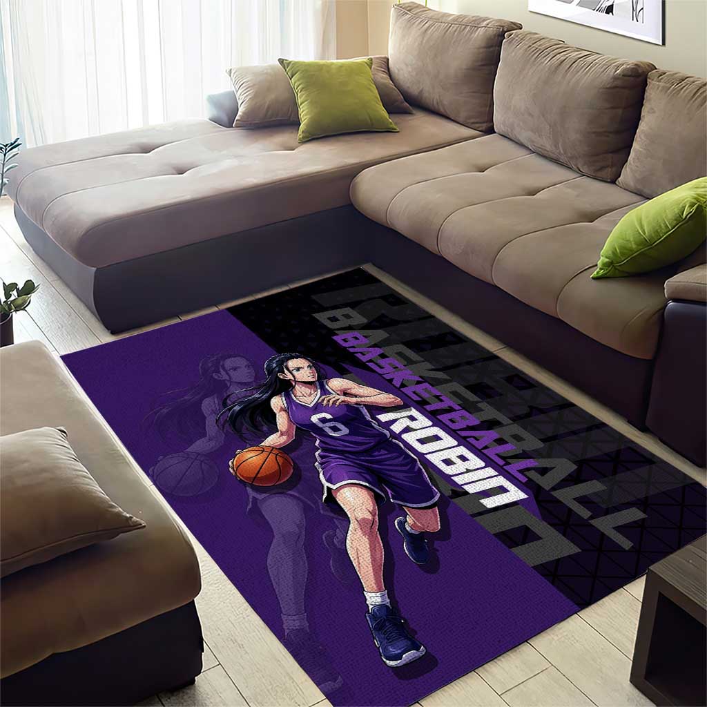 Nico Robin One Piece Basketball Theme Purple and Black Design Area Rug with Action Pose and Crew Emblem - The Mazicc