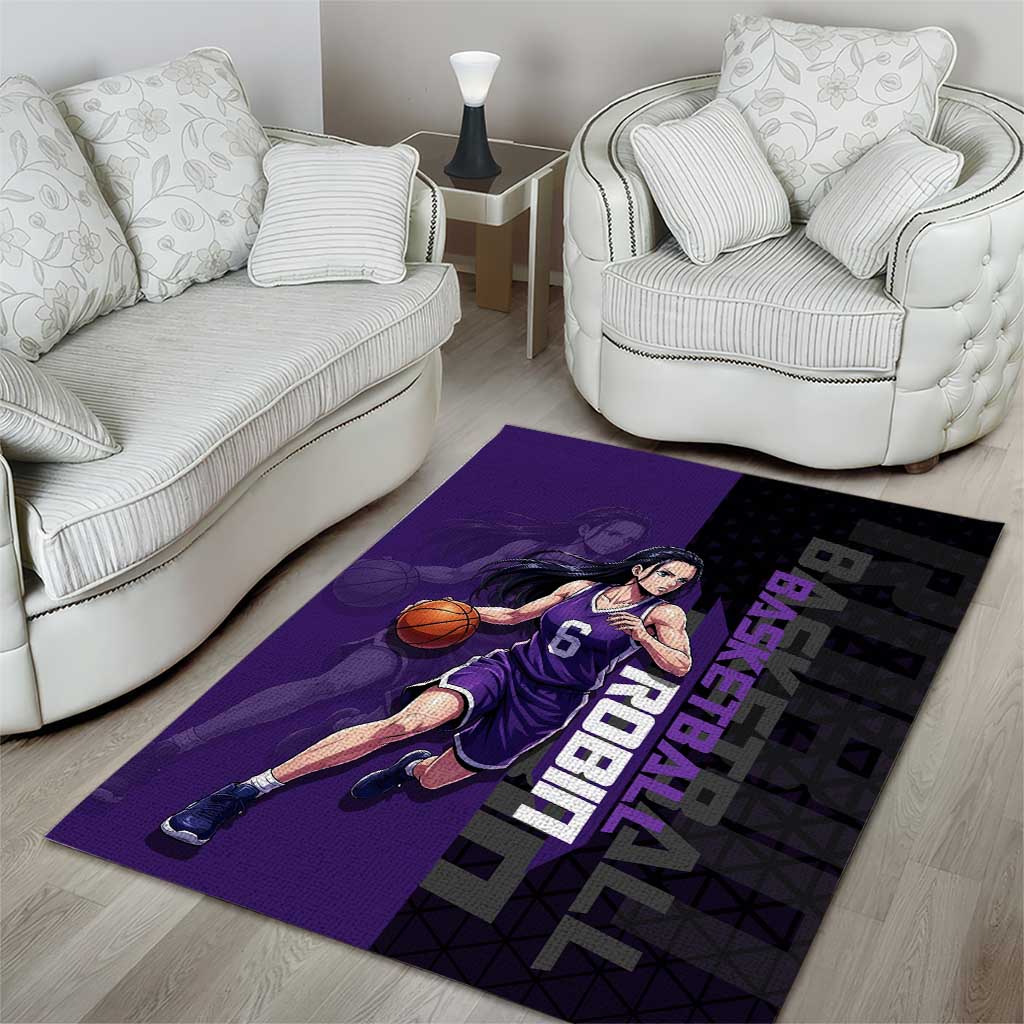 Nico Robin One Piece Basketball Theme Purple and Black Design Area Rug with Action Pose and Crew Emblem - The Mazicc