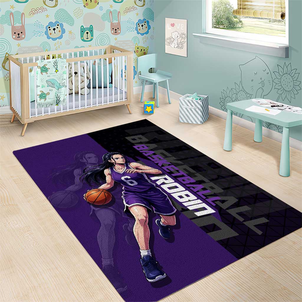Nico Robin One Piece Basketball Theme Purple and Black Design Area Rug with Action Pose and Crew Emblem - The Mazicc