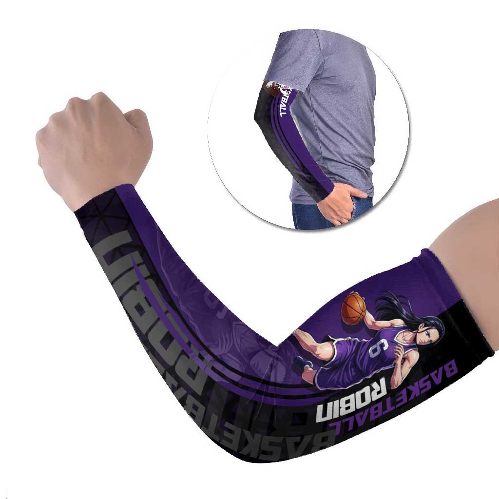 Nico Robin One Piece Basketball Theme Purple and Black Design Arm Sleeves with Action Pose and Crew Emblem - The Mazicc
