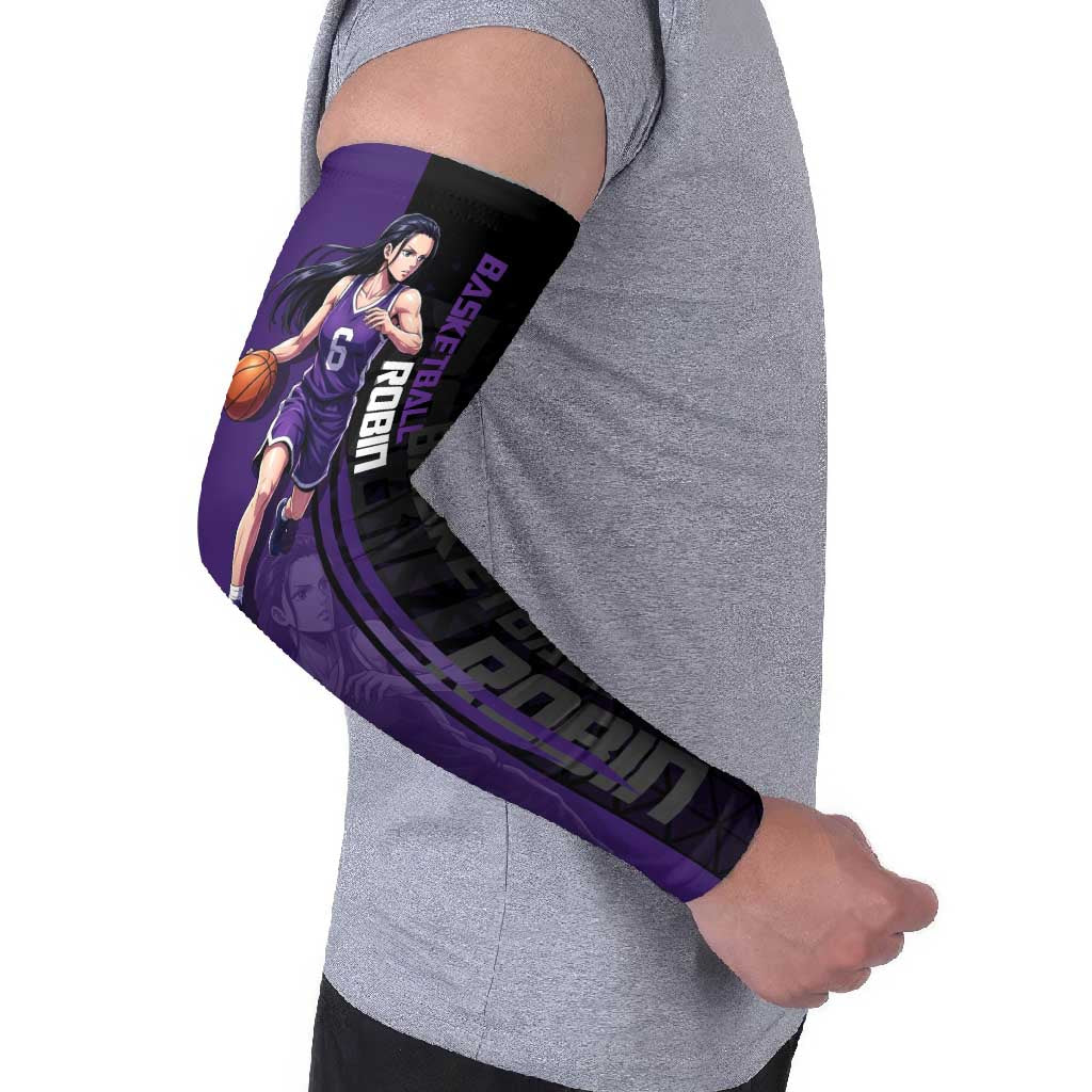 Nico Robin One Piece Basketball Theme Purple and Black Design Arm Sleeves with Action Pose and Crew Emblem - The Mazicc
