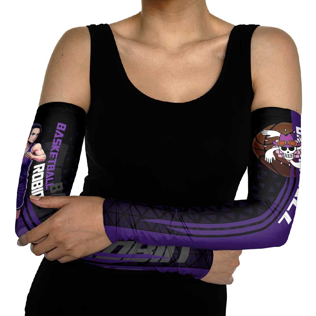 Nico Robin One Piece Basketball Theme Purple and Black Design Arm Sleeves with Action Pose and Crew Emblem - The Mazicc