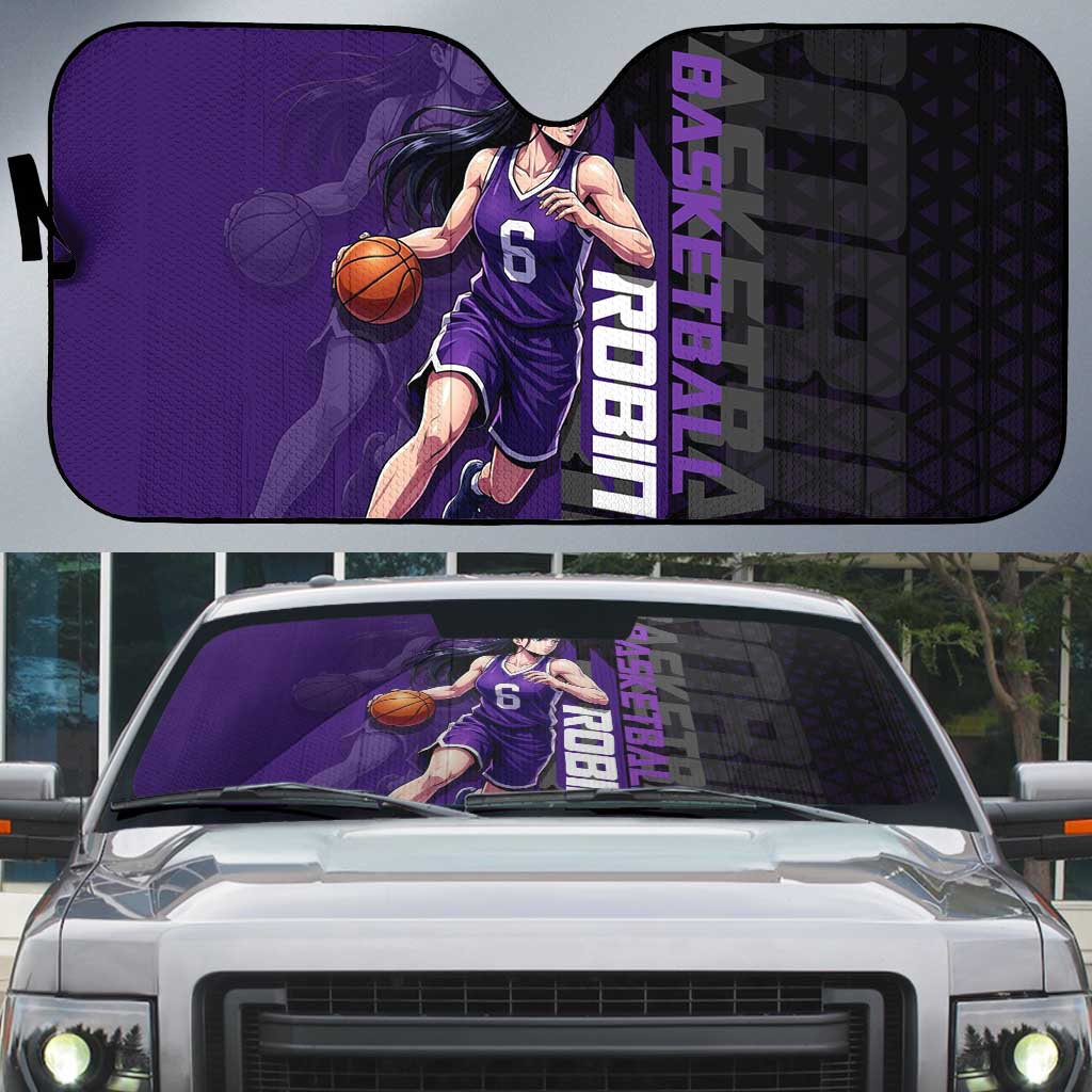 Nico Robin One Piece Basketball Theme Purple and Black Design Auto Sun Shade with Action Pose and Crew Emblem - The Mazicc
