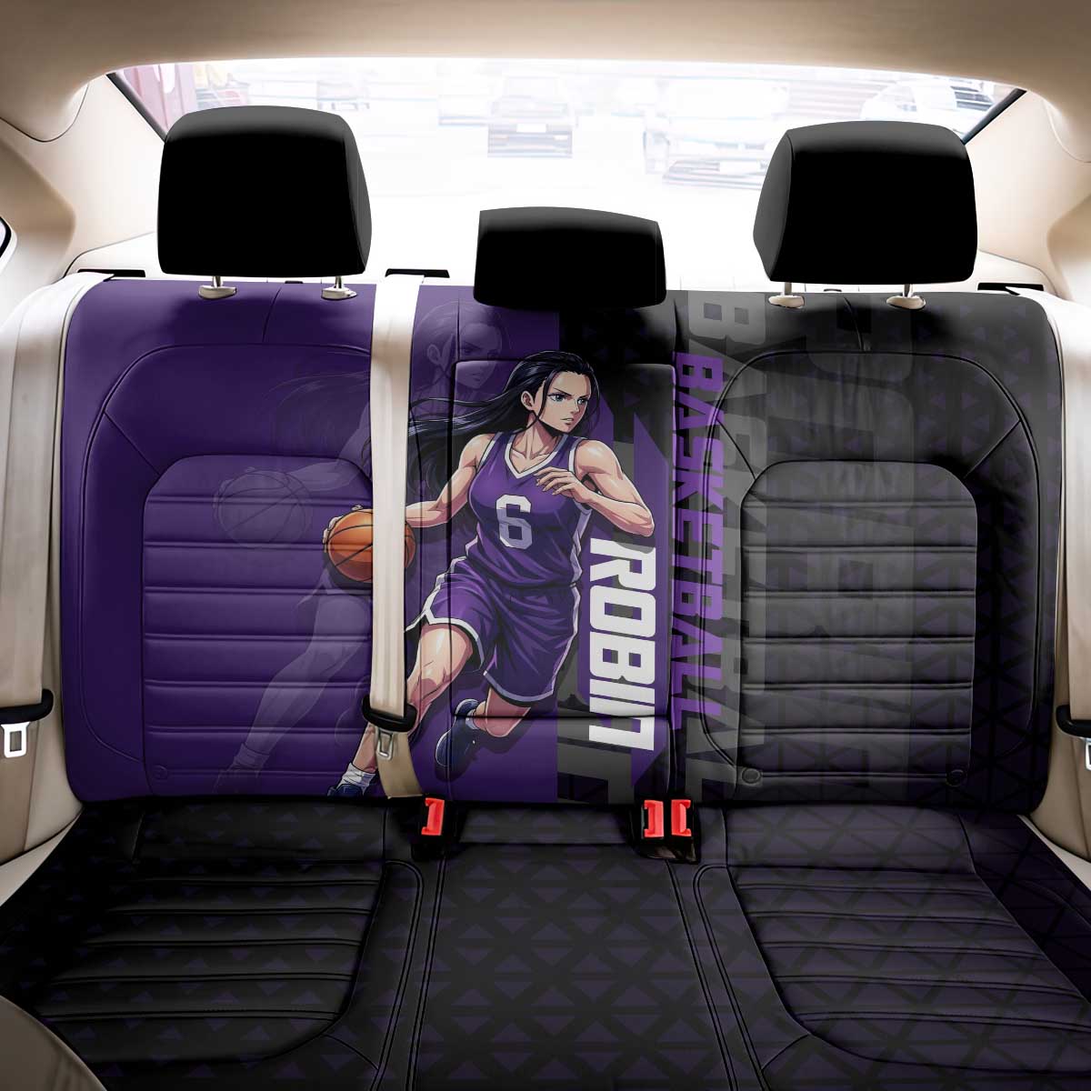 Nico Robin One Piece Basketball Theme Purple and Black Design Back Car Seat Cover with Action Pose and Crew Emblem - The Mazicc