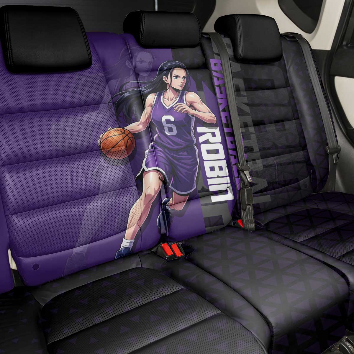 Nico Robin One Piece Basketball Theme Purple and Black Design Back Car Seat Cover with Action Pose and Crew Emblem - The Mazicc