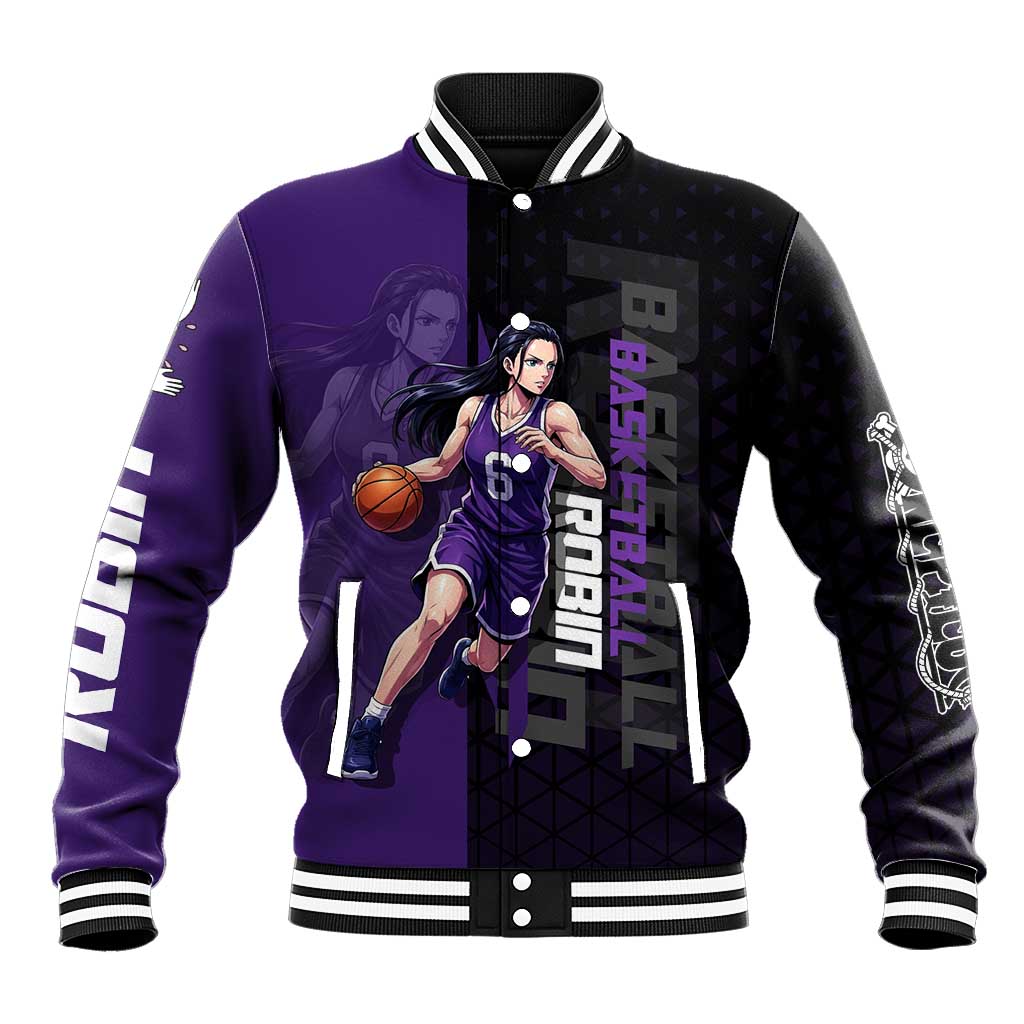 Nico Robin One Piece Basketball Theme Purple and Black Design Baseball Jacket with Action Pose and Crew Emblem - The Mazicc