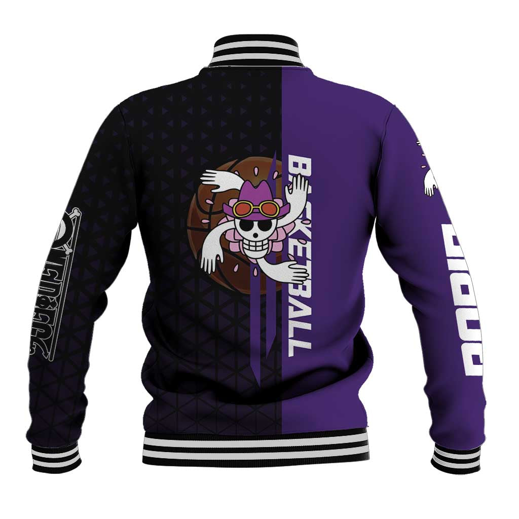 Nico Robin One Piece Basketball Theme Purple and Black Design Baseball Jacket with Action Pose and Crew Emblem - The Mazicc