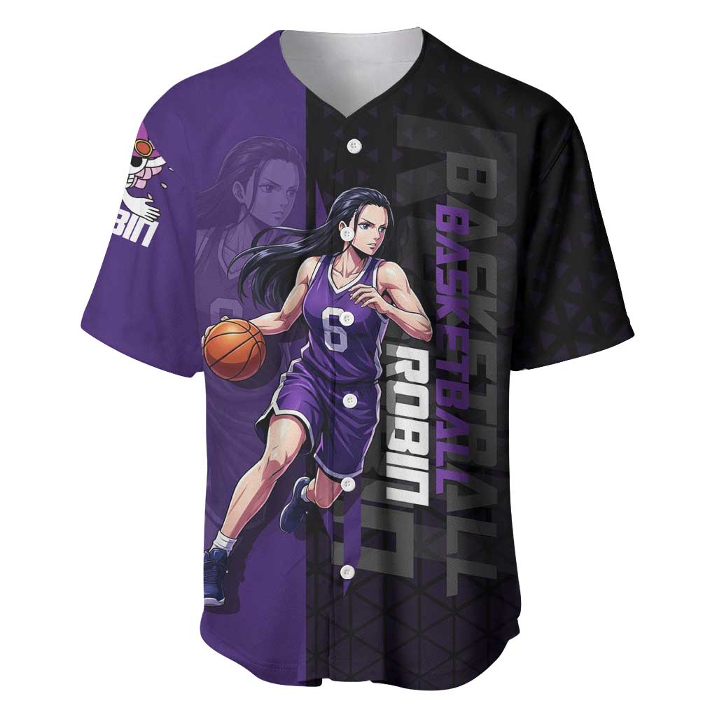 Nico Robin One Piece Basketball Theme Purple and Black Design Baseball Jersey with Action Pose and Crew Emblem - The Mazicc