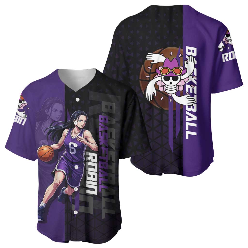 Nico Robin One Piece Basketball Theme Purple and Black Design Baseball Jersey with Action Pose and Crew Emblem - The Mazicc
