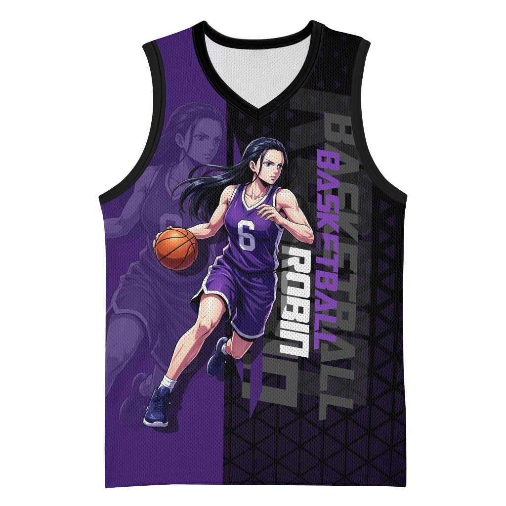 Nico Robin One Piece Basketball Theme Purple and Black Design Basketball Jersey with Action Pose and Crew Emblem - The Mazicc