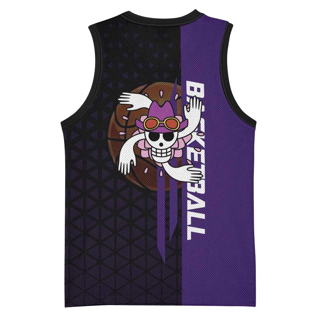 Nico Robin One Piece Basketball Theme Purple and Black Design Basketball Jersey with Action Pose and Crew Emblem - The Mazicc